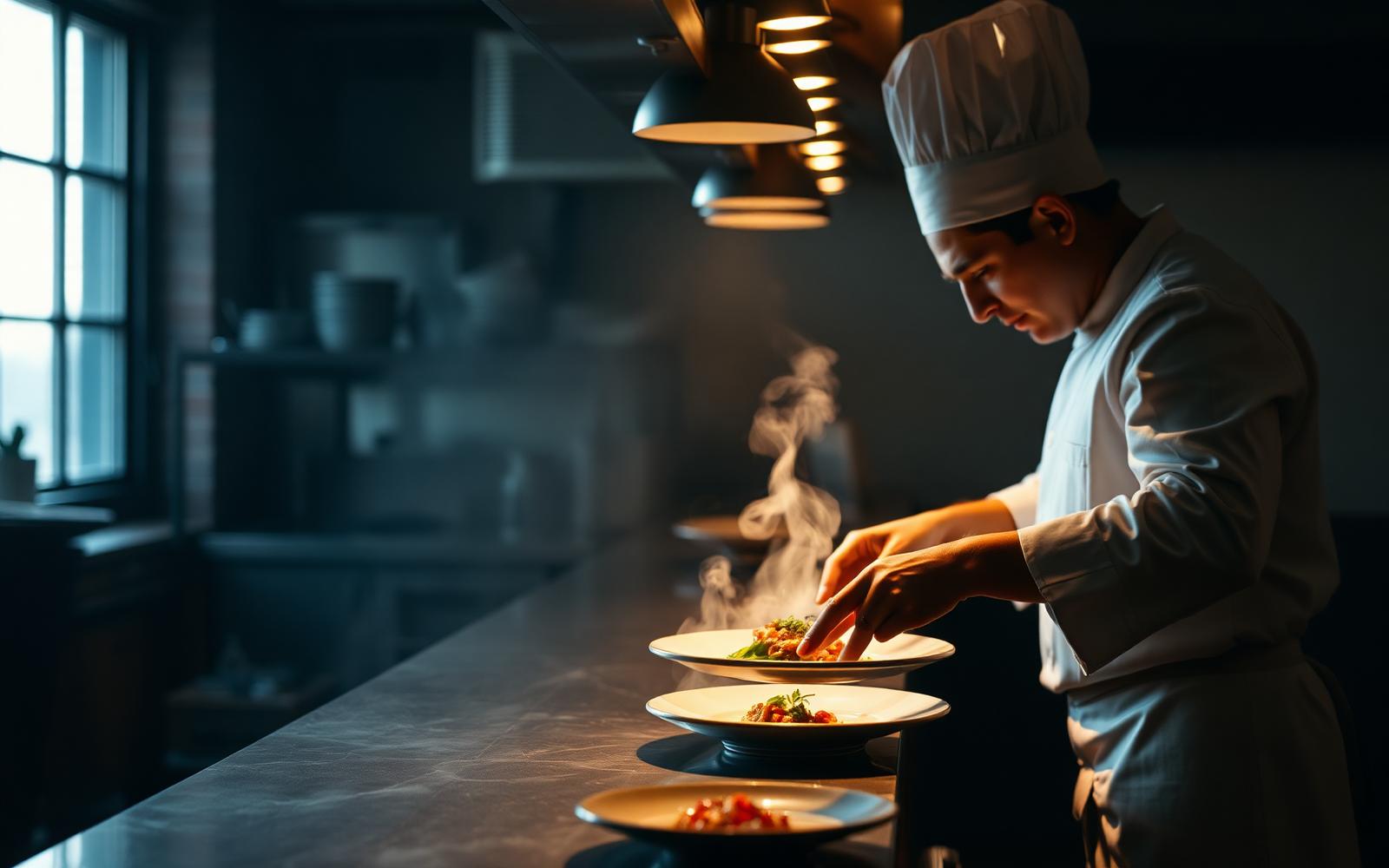 A chef plating a dish at the pass in a premium restaurant kitchen