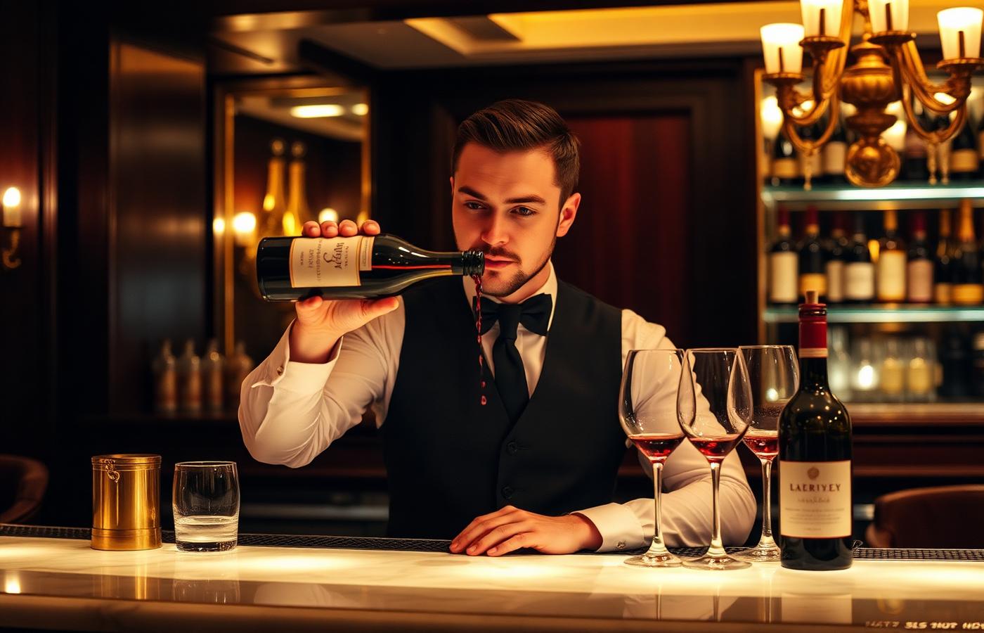 A sommelier pouring wine at a premium hotel bar
